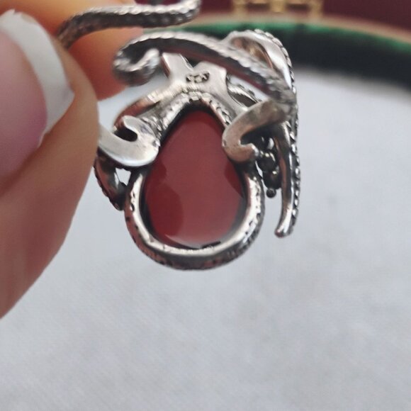Sterling Silver Amber Octopus Ring Unisex Adjustable Ring Fits as a Size 9 - Picture 6 of 7